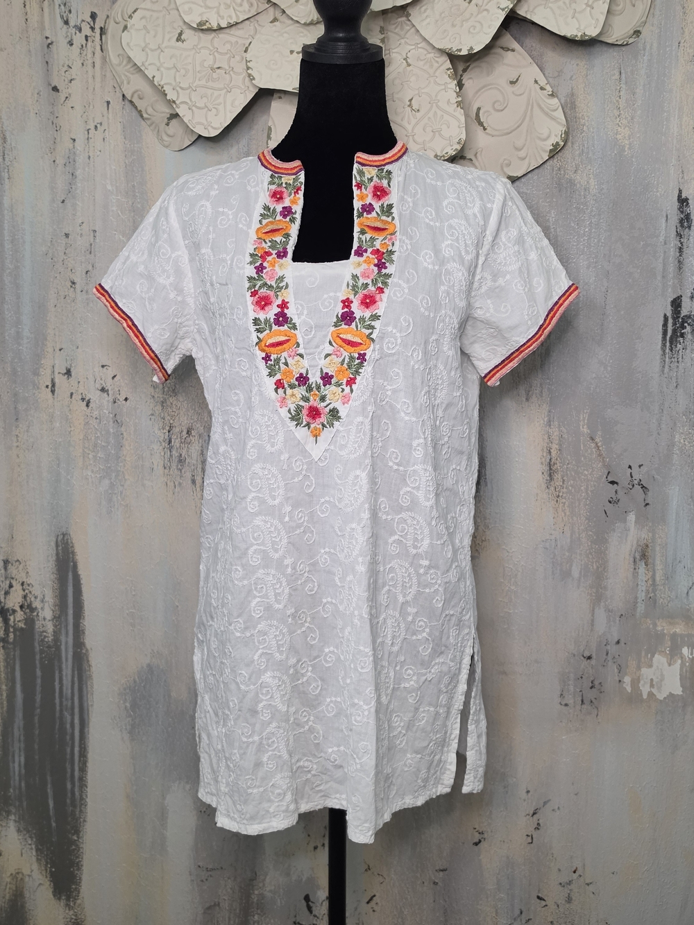 Silk Threads White Embroidered V-Neck Tunic with Colorful Floral Trim Size Small